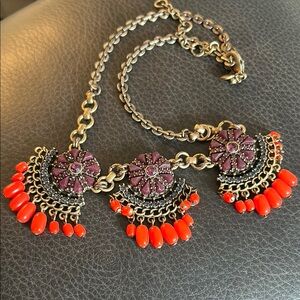 J. Crew Purple and Red Necklace with Bold Fan Pendants